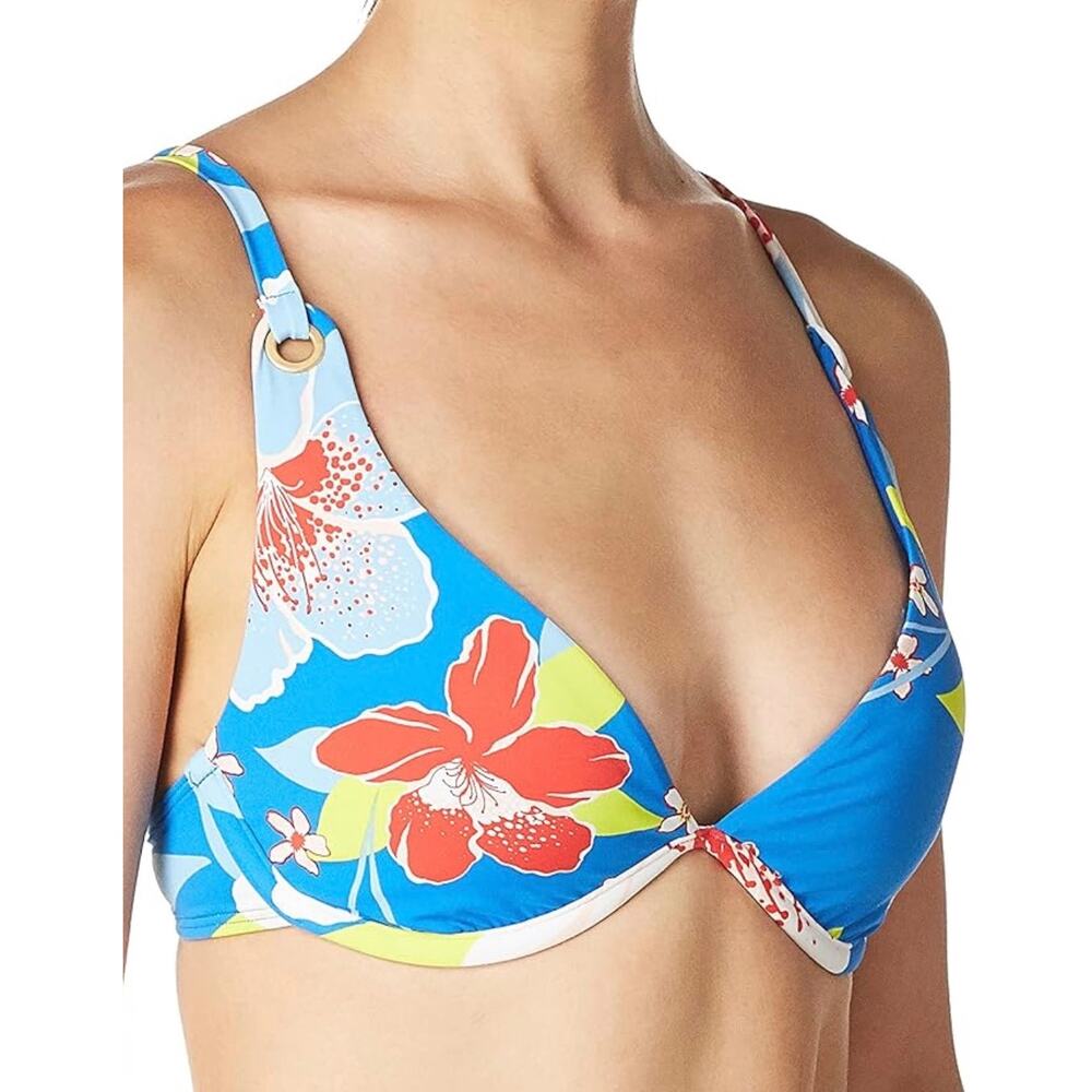 Roxy She Just Shines UW Bikini Top Blue Red Floral XS D Cup  NWT